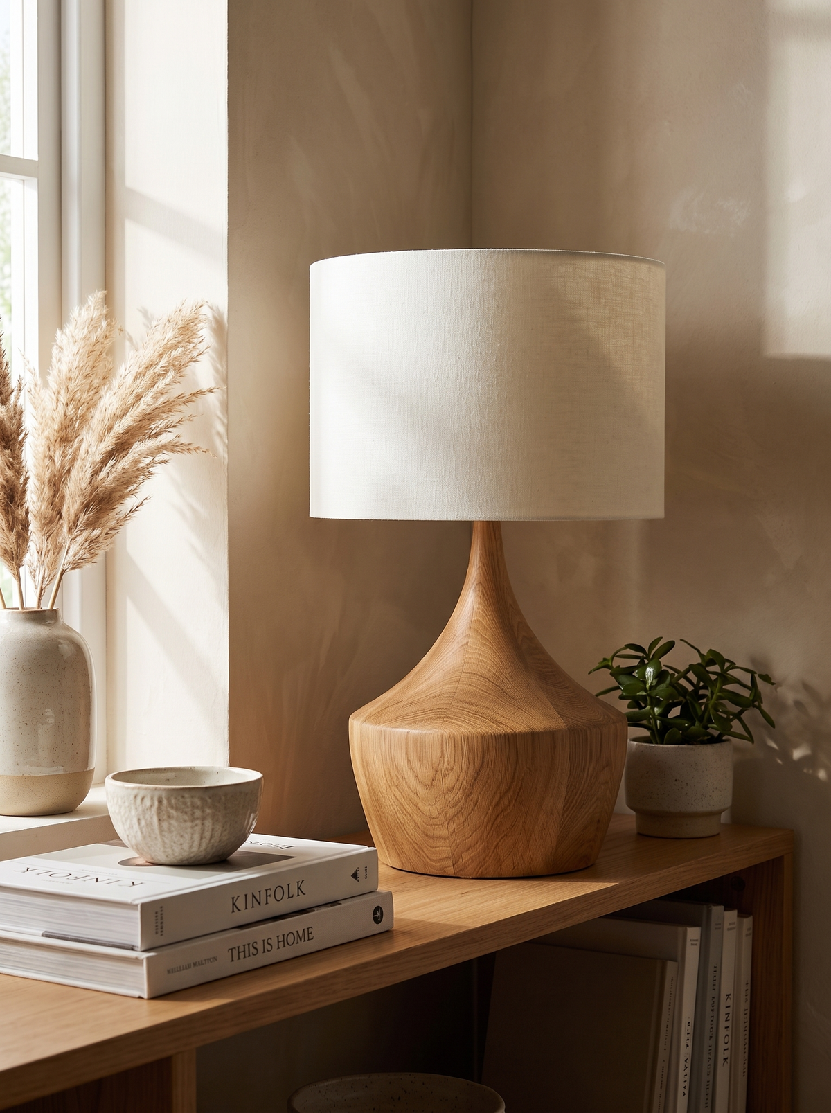 Japandi Oak Bedside Table Lamp Sculptural Even When It Is Off