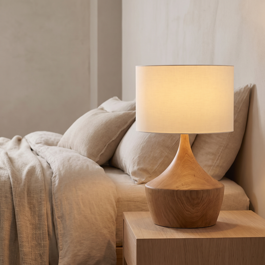 Japandi Oak Bedside Table Lamp styled in a home