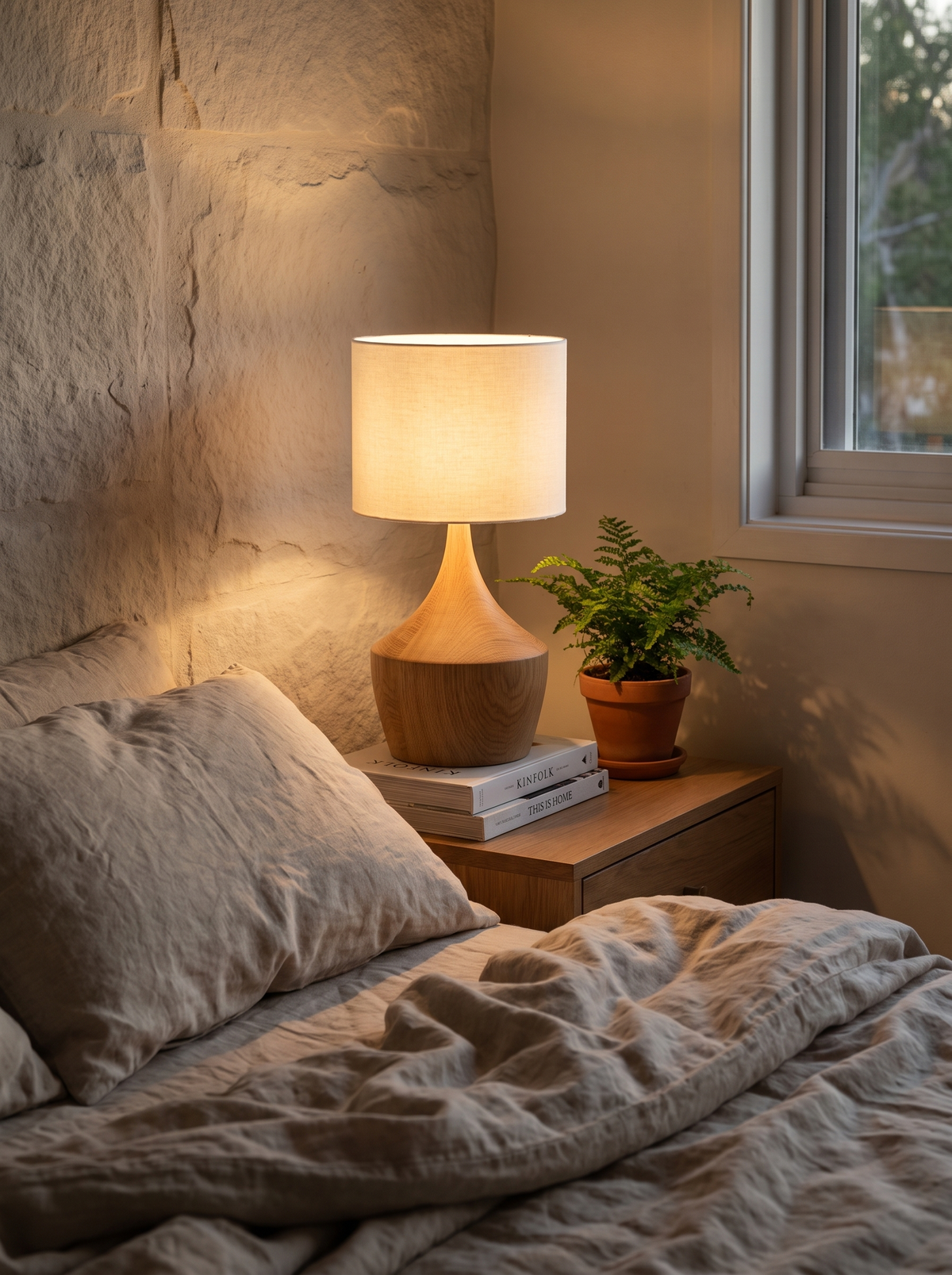 Japandi Oak Bedside Table Lamp Warm Light, Quiet Room