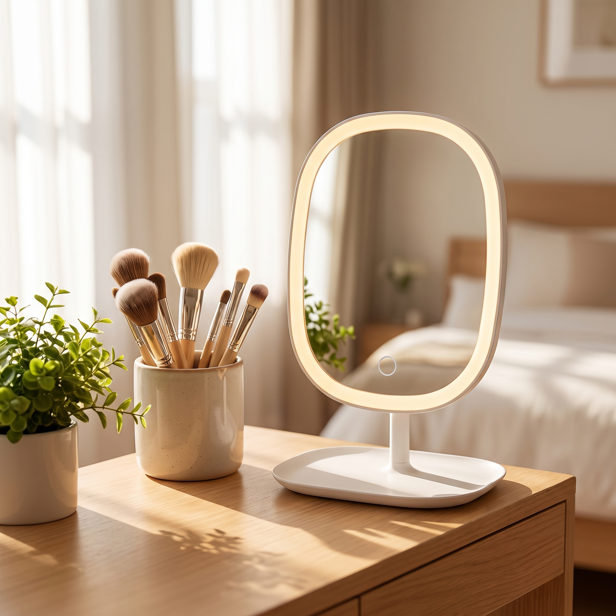 LED Makeup Mirror with Rotating Stand styled in a home