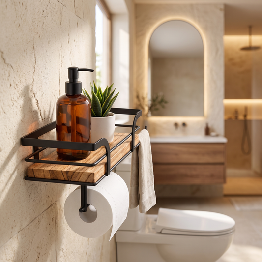 Iron and Wood Bathroom Shelf styled in a home