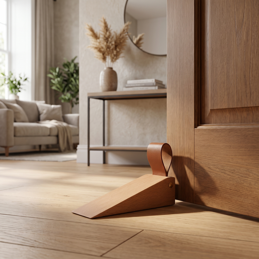 Scandinavian Wooden Door Stop styled in a home
