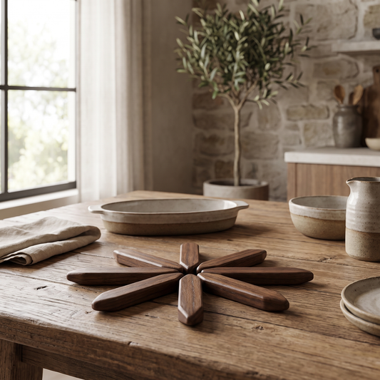 Foldable Wooden Table Mat styled in a home