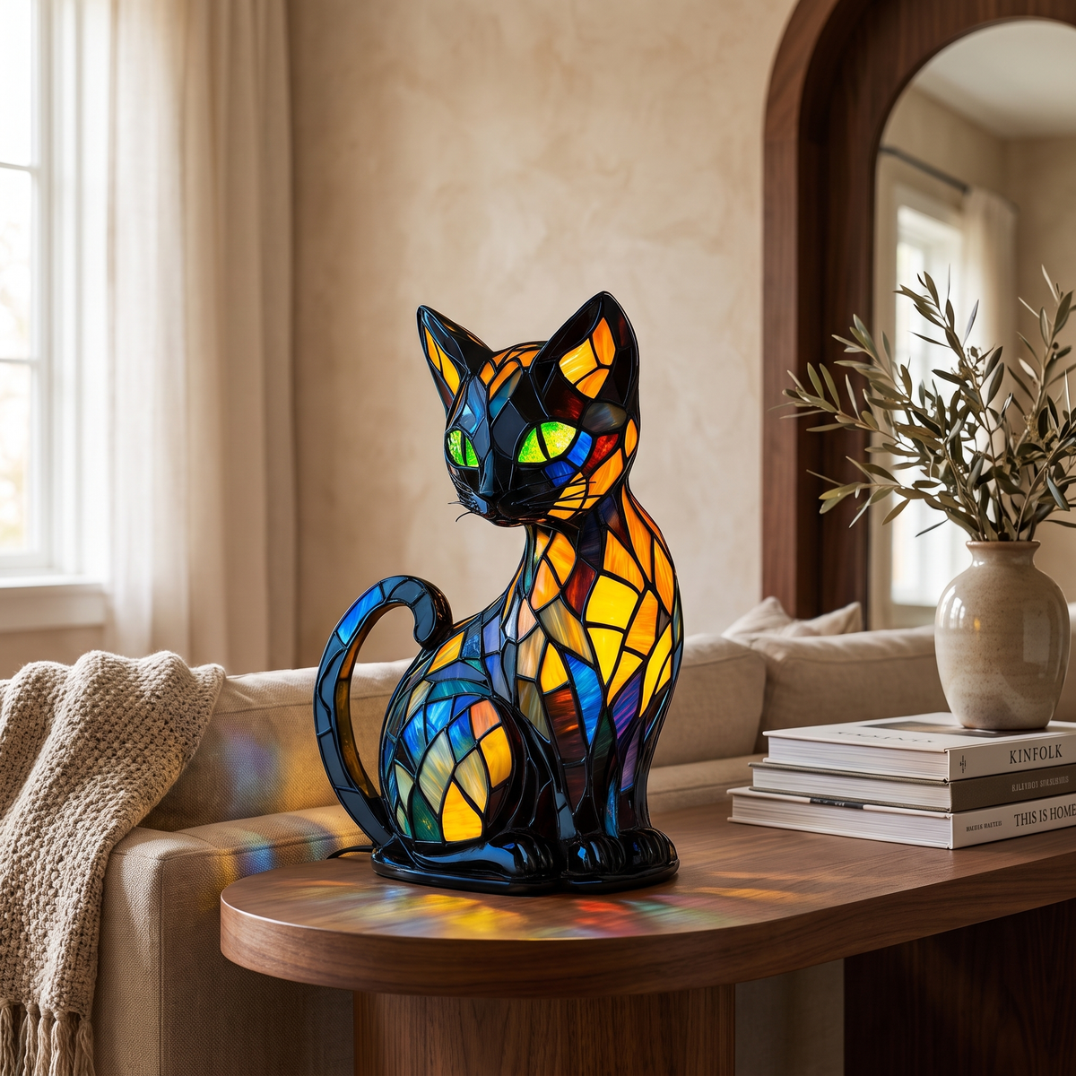 Stained Glass Cat Night Lamp styled in a home