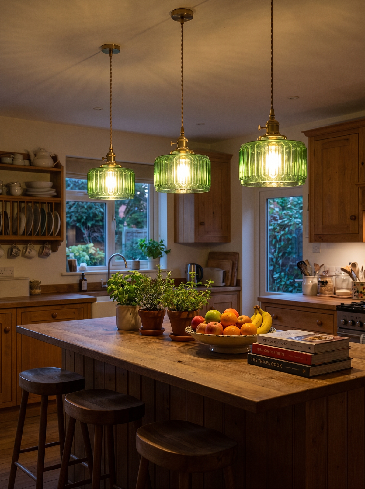 Green Glass Pendant Light Glow Over The Island