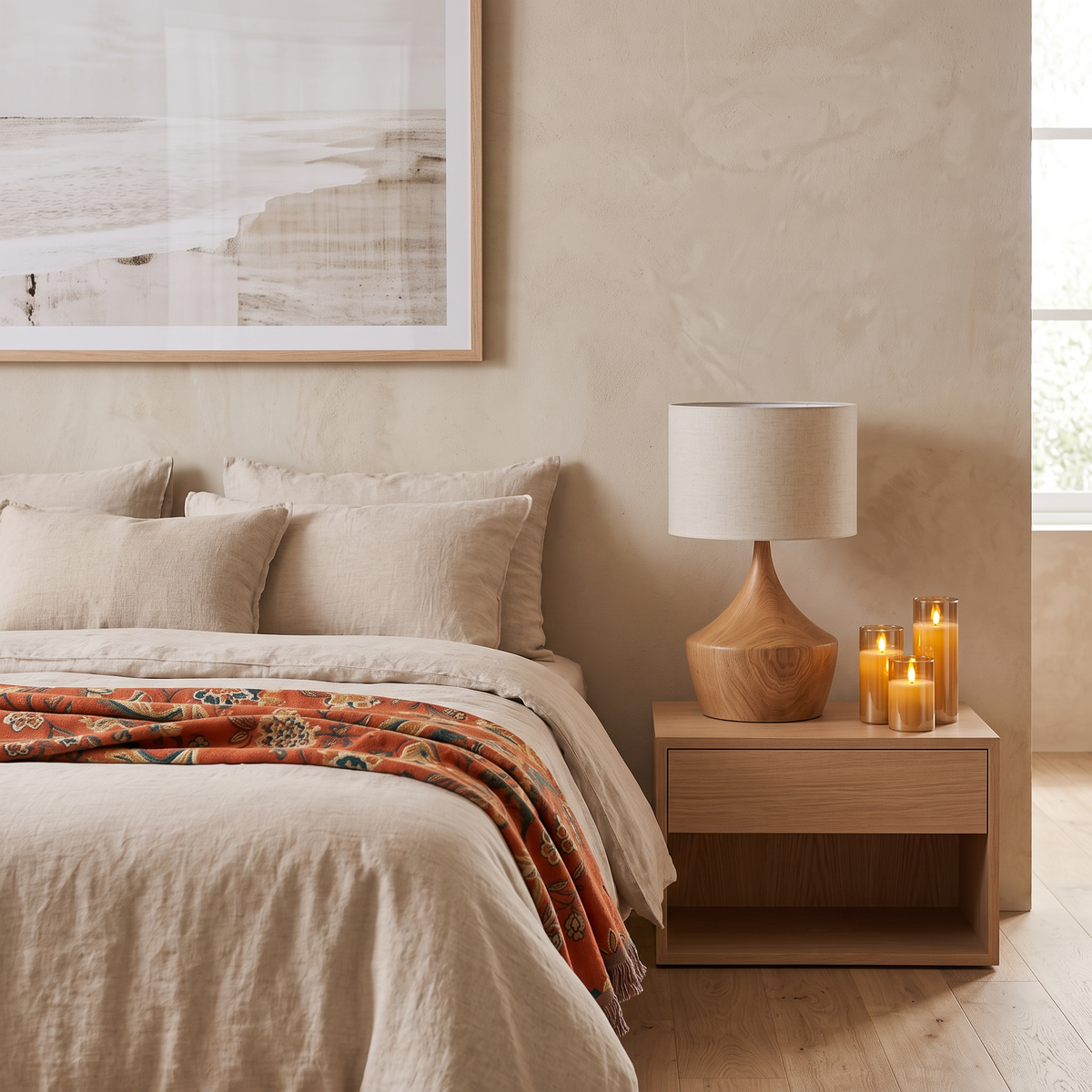 The Calm Bedroom Edit: oak Japandi bedside lamp, terracotta fringe throw and gold flameless candles styled in a coastal bedroom