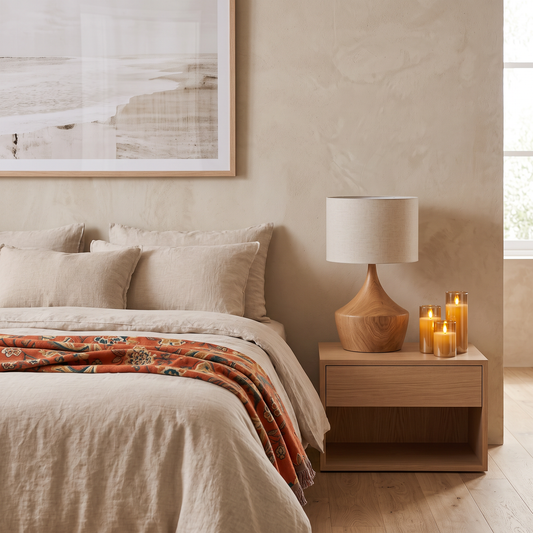 The Calm Bedroom Edit: oak Japandi bedside lamp, terracotta fringe throw and gold flameless candles styled in a coastal bedroom