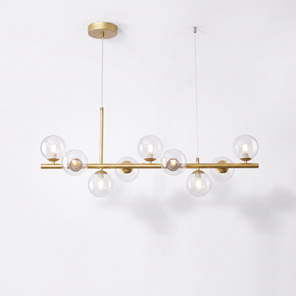 Nine head glass ball chandelier, gold body with clear glass shades