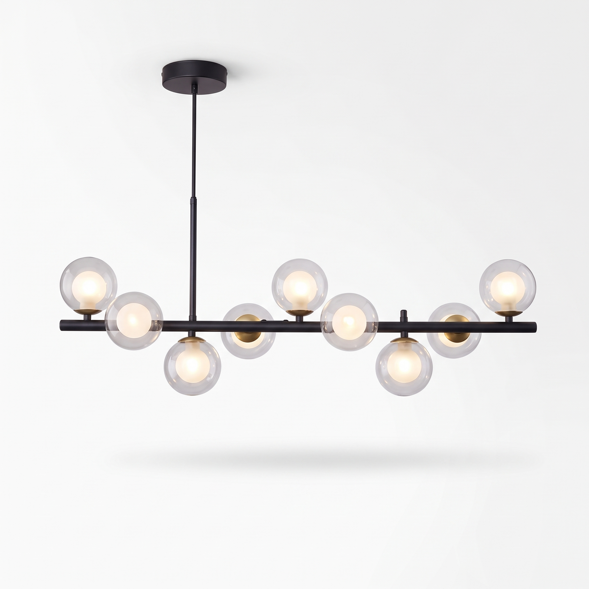 Nine head glass ball chandelier, black body with ball in ball glass shades