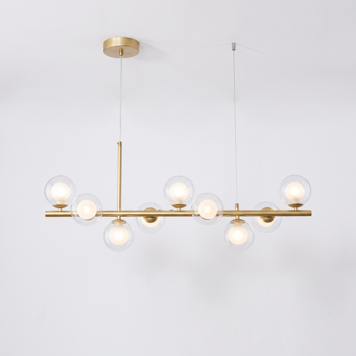 Nine head glass ball chandelier, gold body with ball in ball glass shades