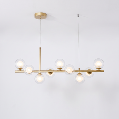 Nine head glass ball chandelier, gold body with ball in ball glass shades