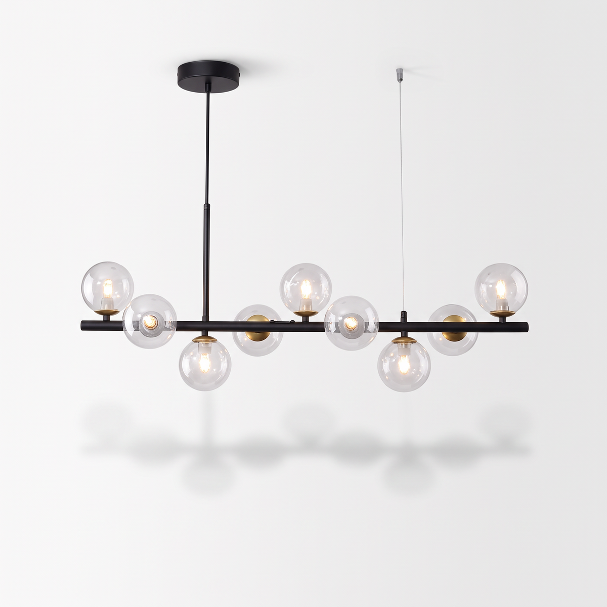 Nine head glass ball chandelier, black body with clear glass shades