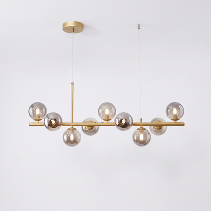 Nine head glass ball chandelier, gold body with smoky grey glass shades