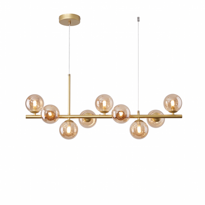 Nine head glass ball chandelier, gold body with cognac glass shades