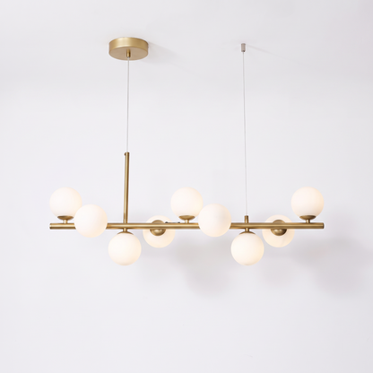 Nine head glass ball chandelier, gold body with milk white glass shades