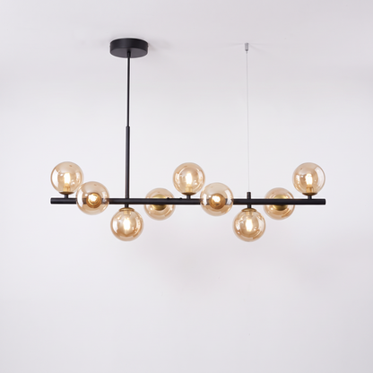 Nine head glass ball chandelier, black body with cognac glass shades