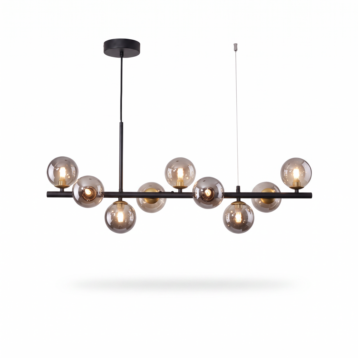 Nine head glass ball chandelier, black body with smoky grey glass shades