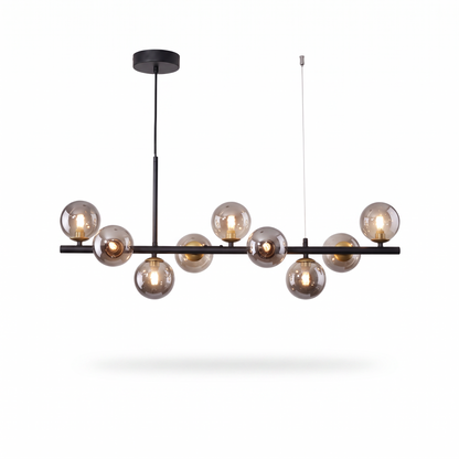 Nine head glass ball chandelier, black body with smoky grey glass shades