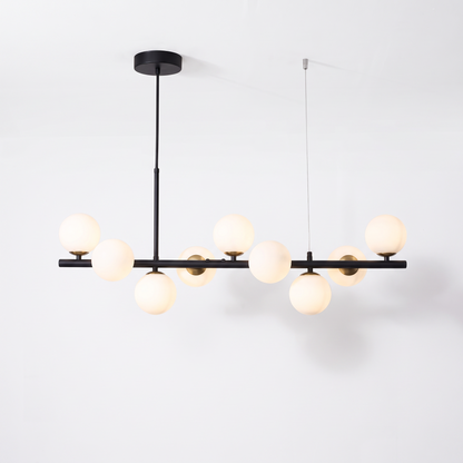Nine head glass ball chandelier, black body with milk white glass shades