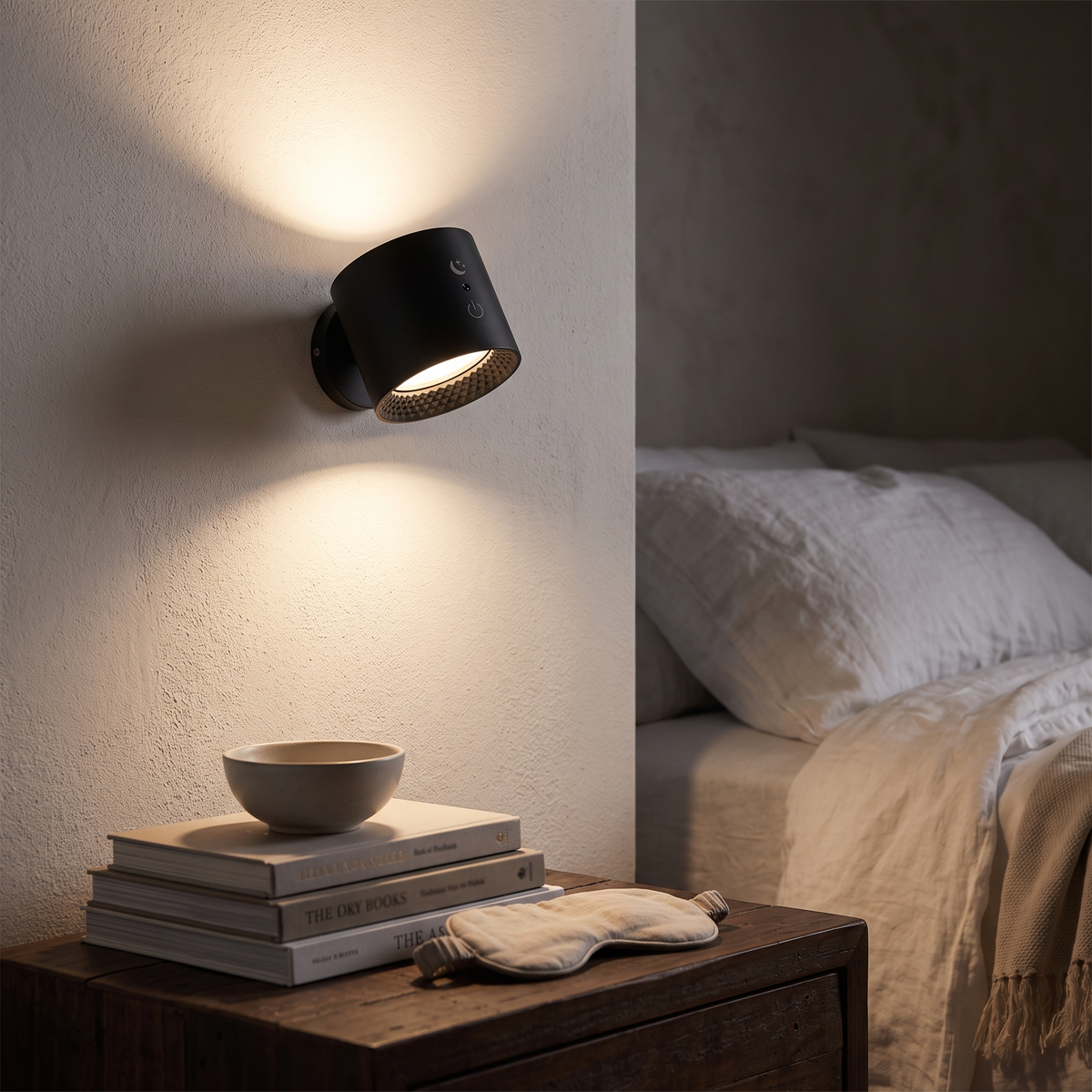 Double head rechargeable LED wall light above a bedside table casting light up and down the wall