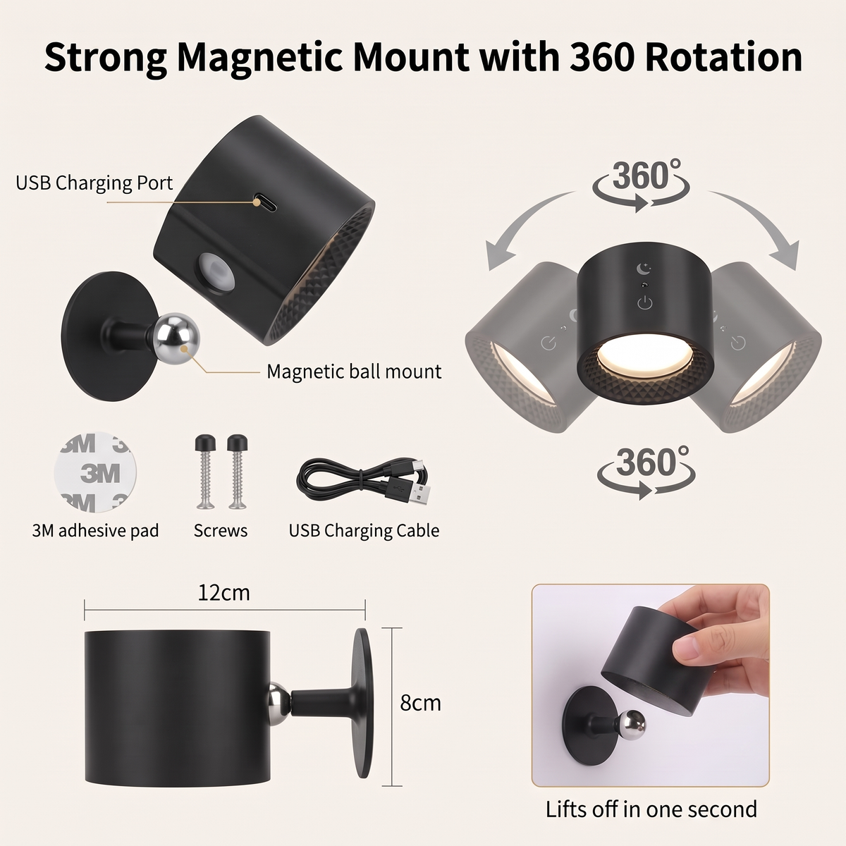 Magnetic ball mount with 360 degree rotation, USB charging, 3M adhesive and screws, 12cm by 8cm