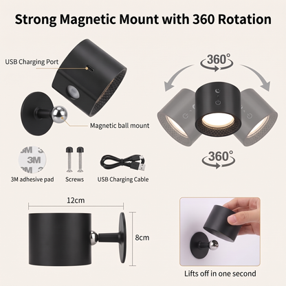 Magnetic ball mount with 360 degree rotation, USB charging, 3M adhesive and screws, 12cm by 8cm