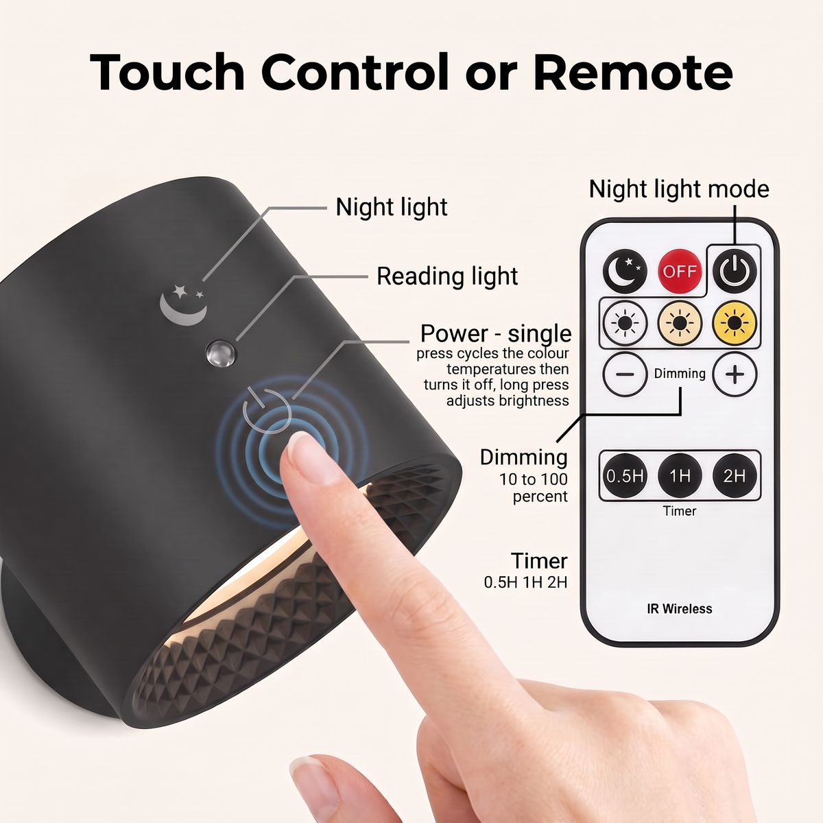 Touch controls - night light, reading light and power with colour temperature and brightness - plus the remote
