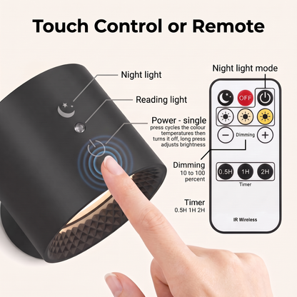 Touch controls - night light, reading light and power with colour temperature and brightness - plus the remote