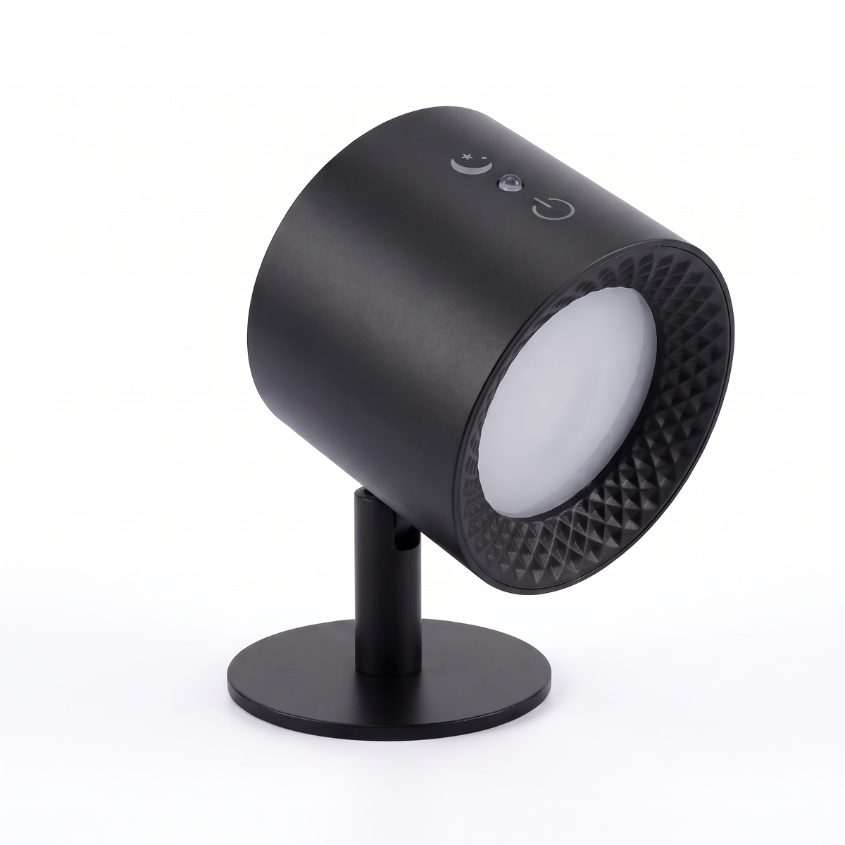 Black rechargeable LED wall light mounted on its flat wall plate