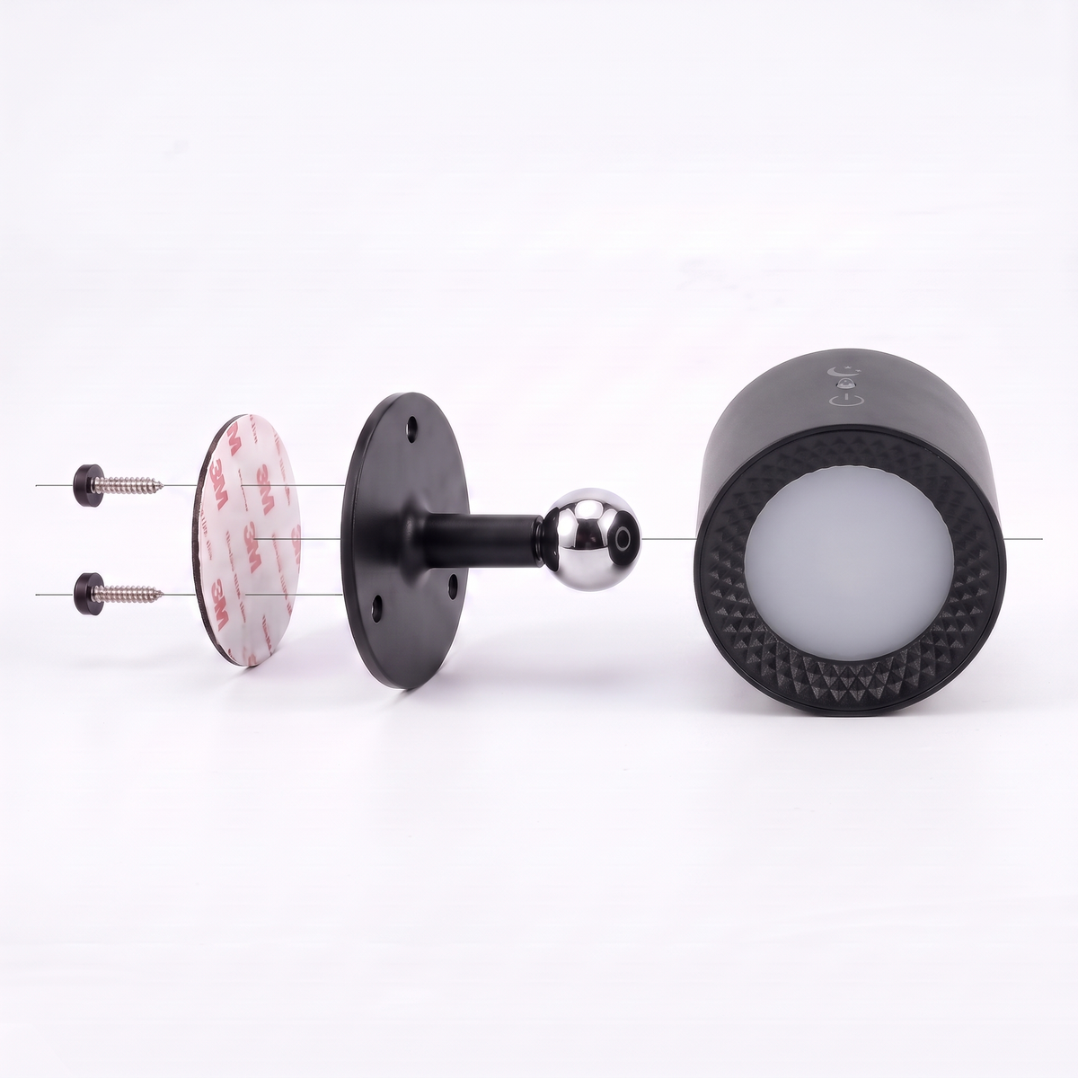 Exploded view - lamp, magnetic ball mount, wall plate, 3M adhesive pad and screws